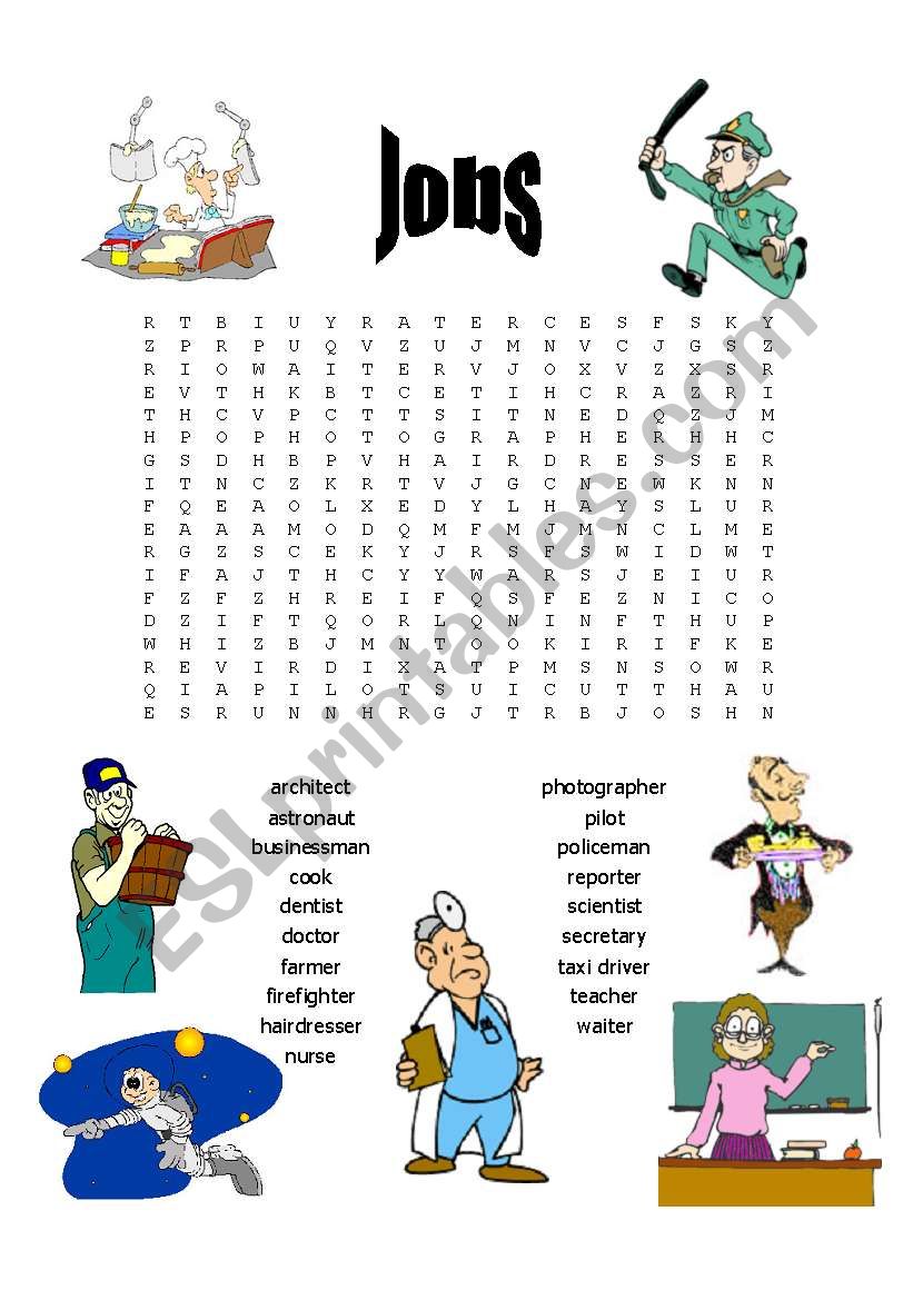 Jobs wordsearch worksheet