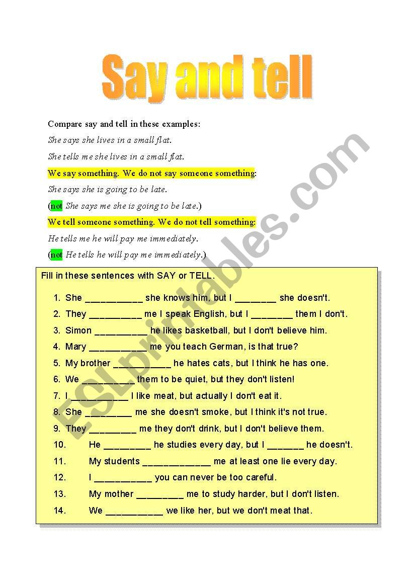 SAY and TELL worksheet