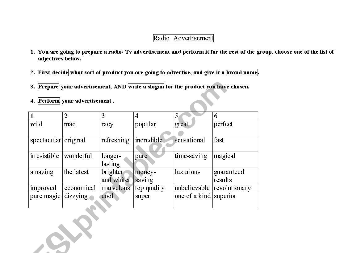 radio advertisement worksheet