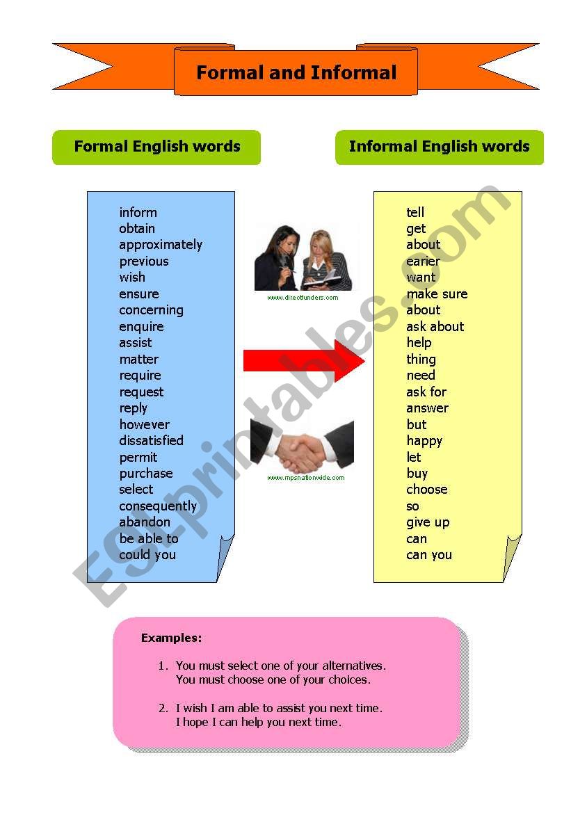 Formal/ Informal Words worksheet