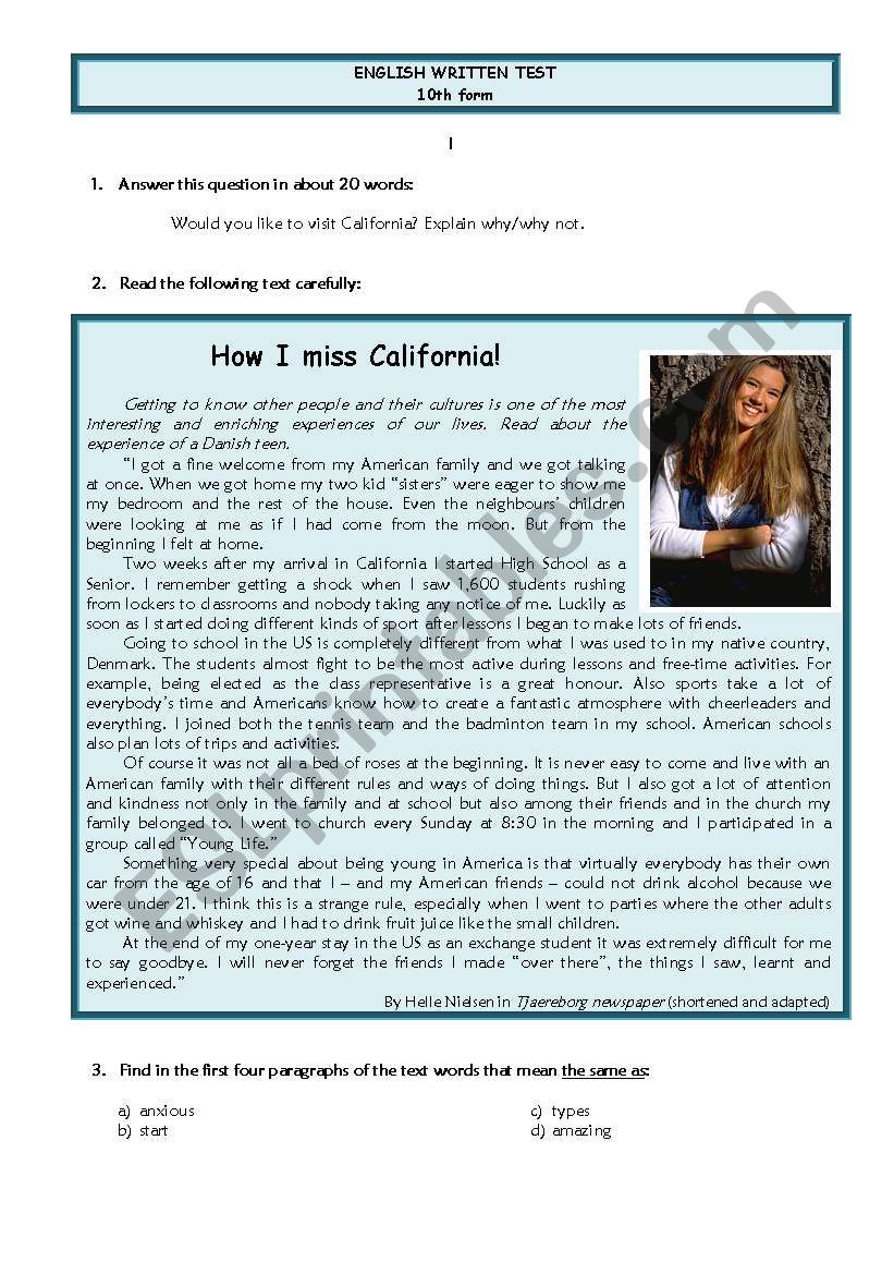 Test - How I miss California! worksheet