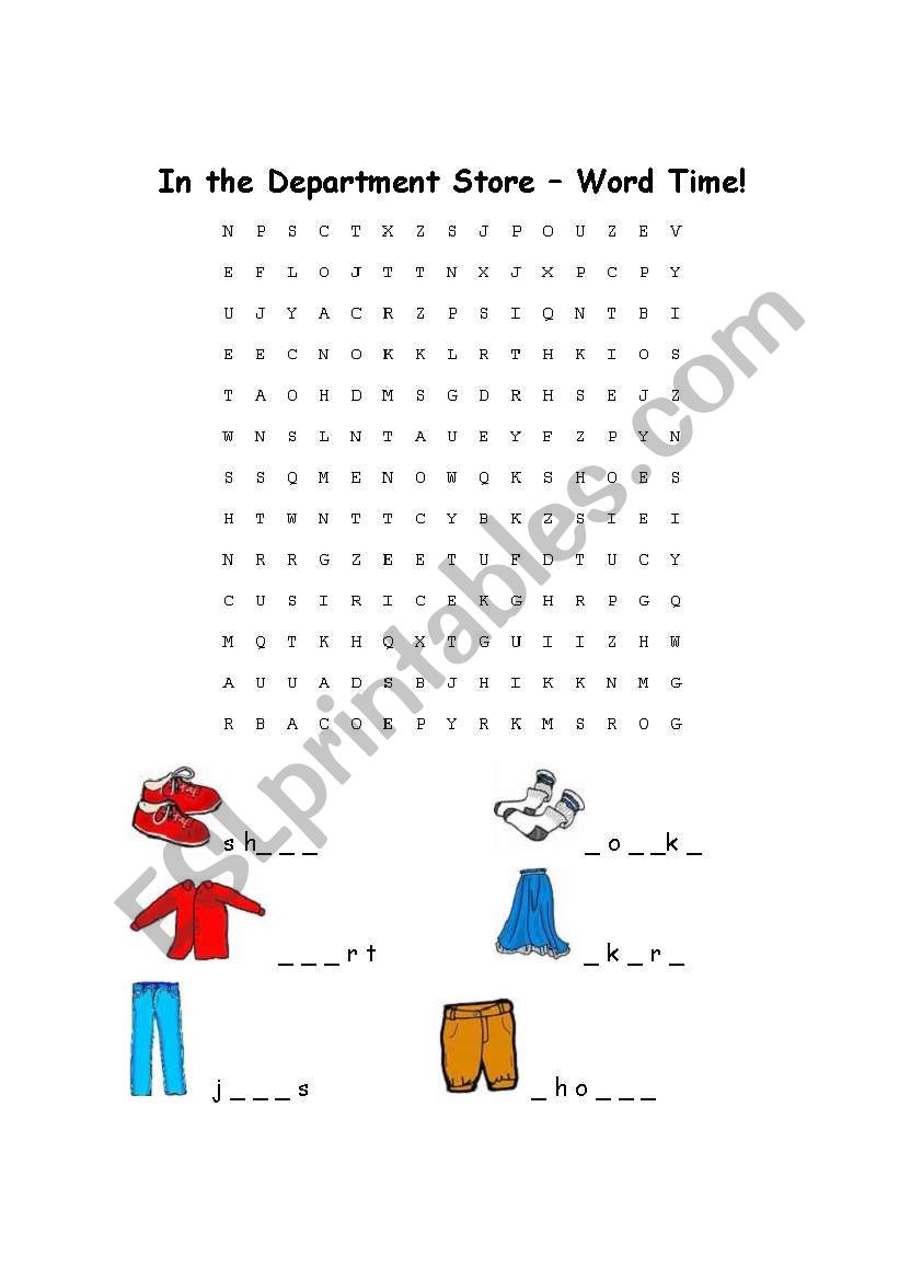 Clothes wordsearch worksheet