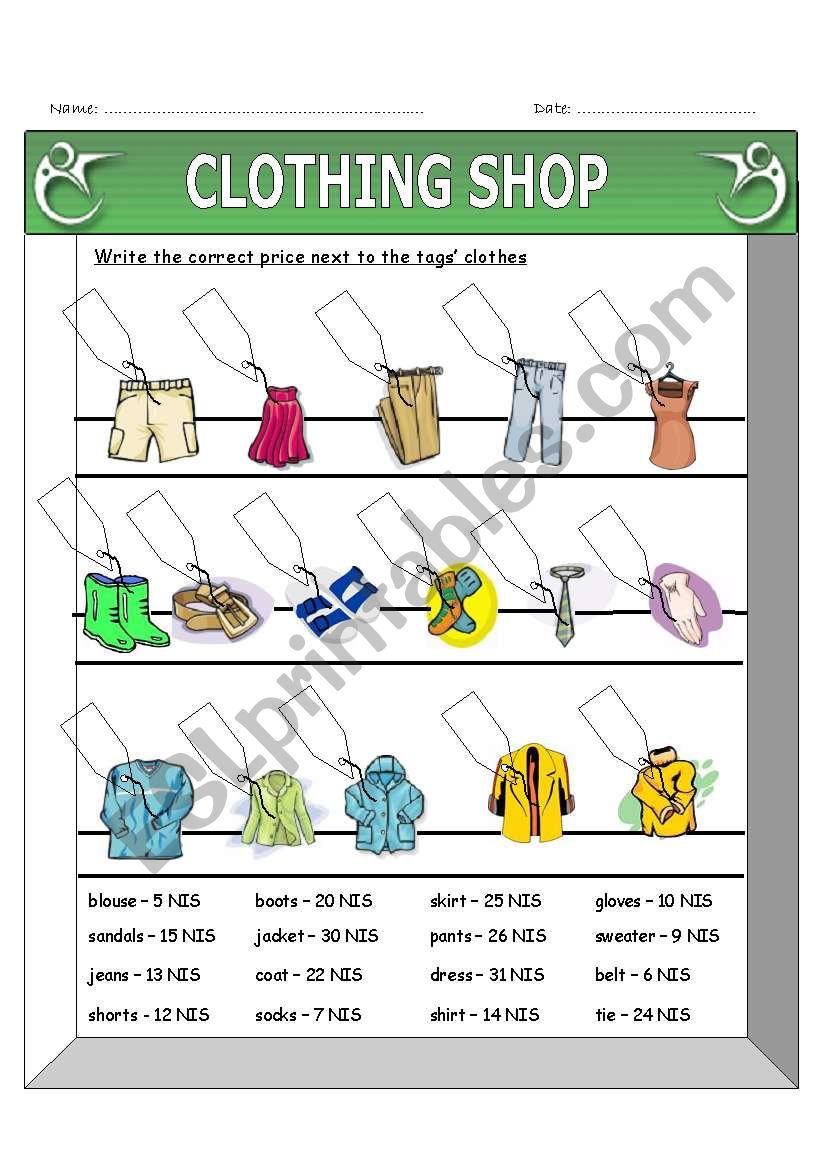 clothing shop worksheet