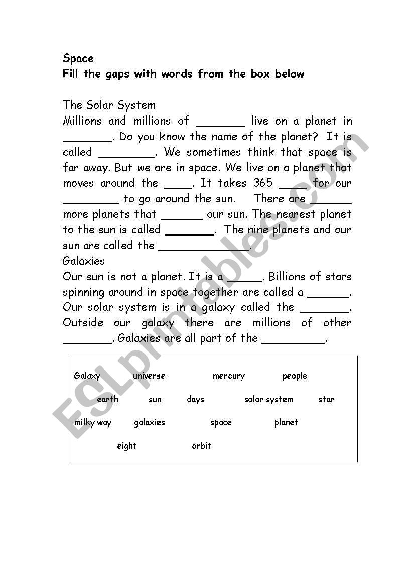 Space gapfill worksheet