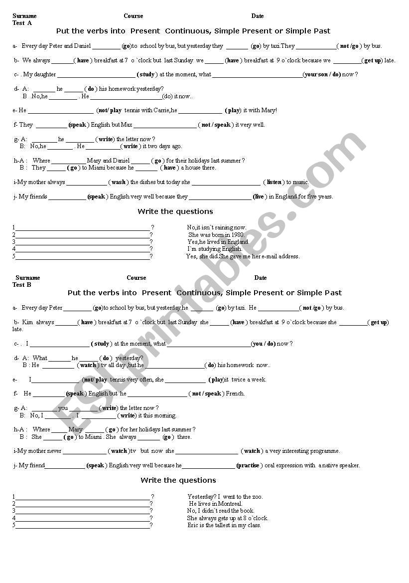 tenses revision test worksheet