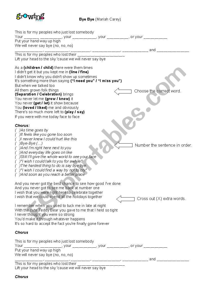 Song - Bye Bye (Mariah Carey) worksheet