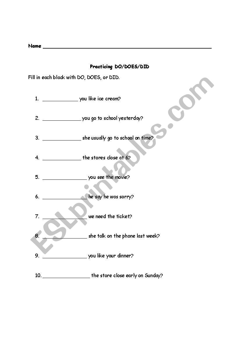 Do/Does/Did Worksheet worksheet