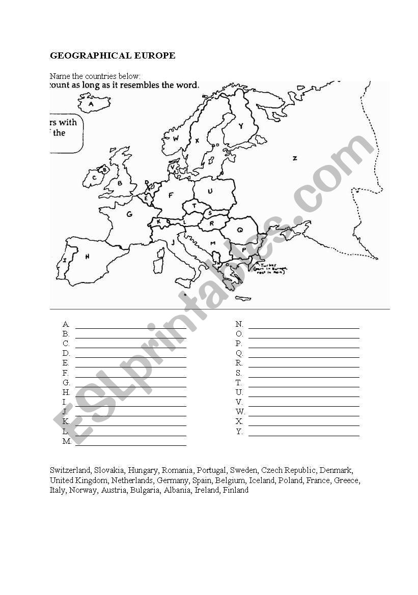 Countries of Europe worksheet