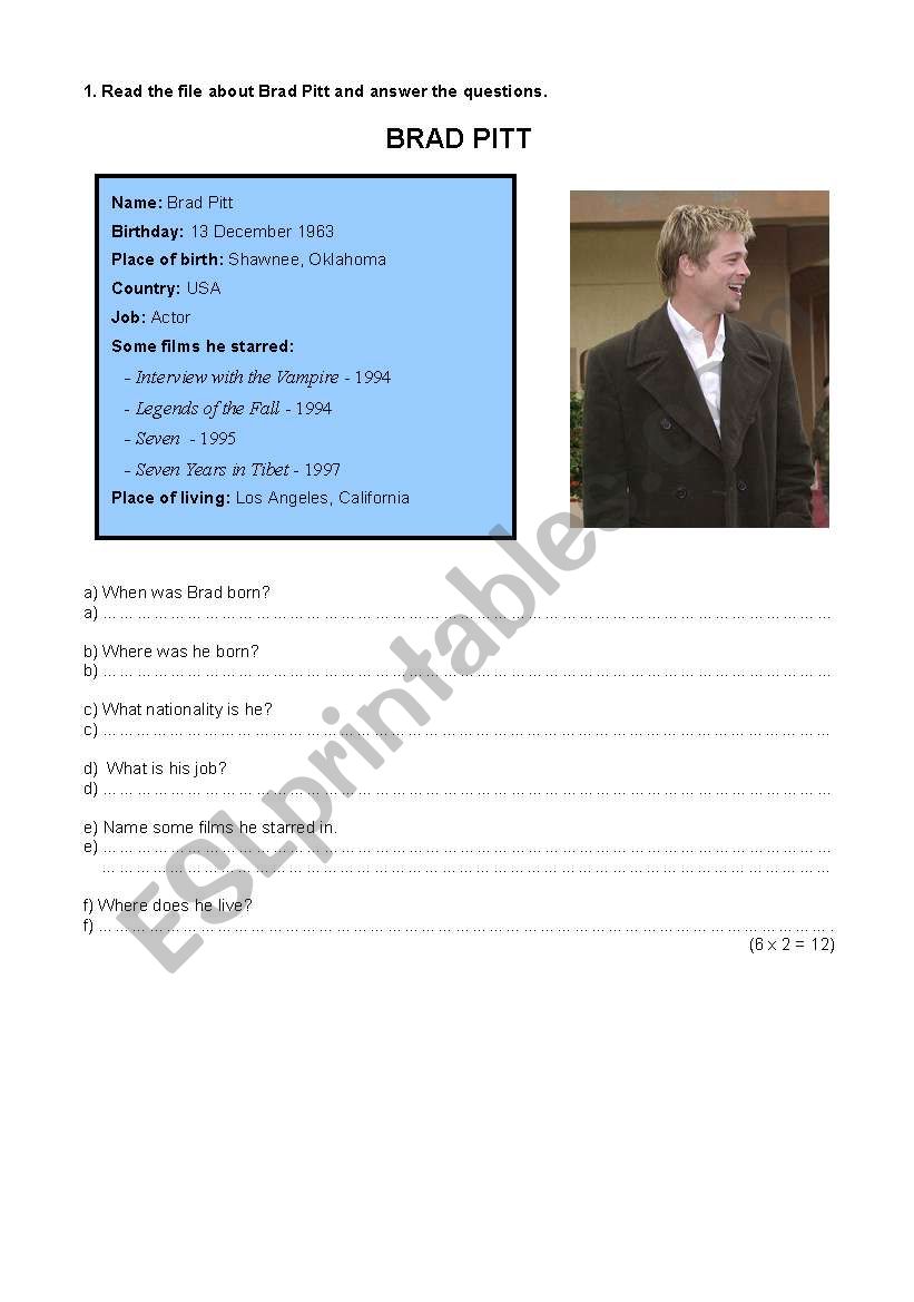 Personal data - Brad Pitt worksheet