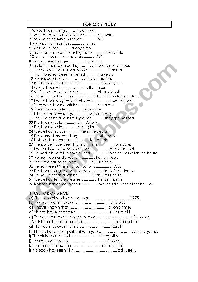 For or since?? worksheet