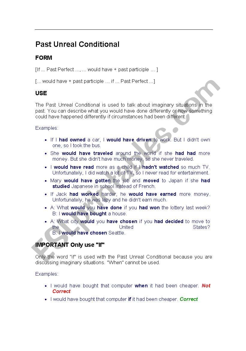 Past Unreal Conditional worksheet