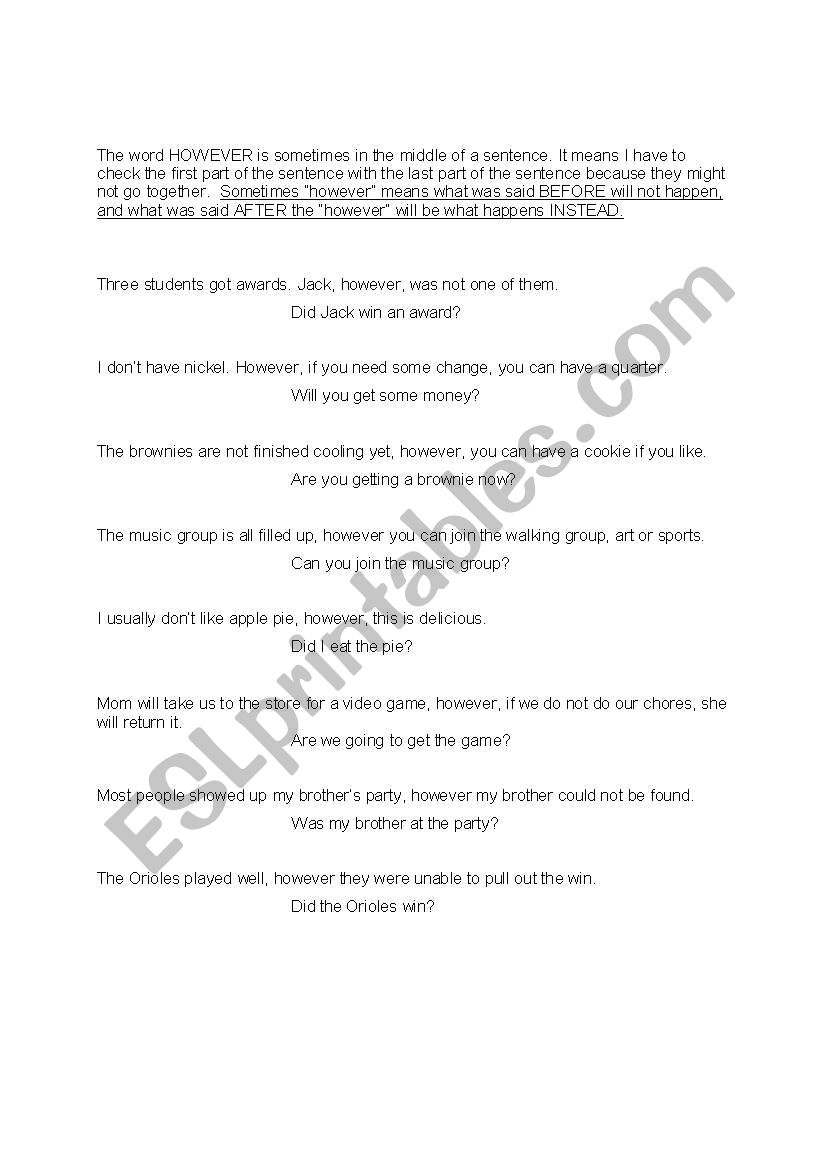 understanding-the-conjunction-however-esl-worksheet-by-lfadem