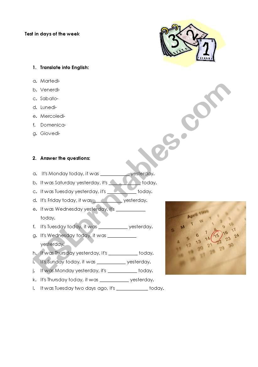 Days of the week worksheet