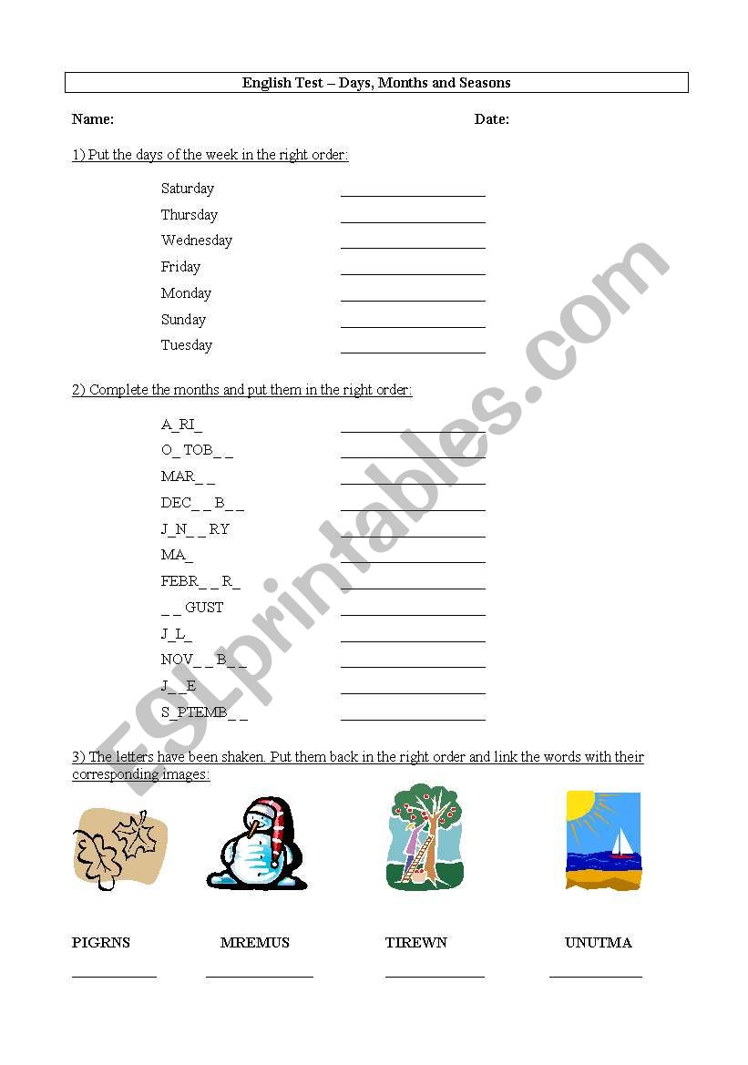 test days, months and seasons worksheet