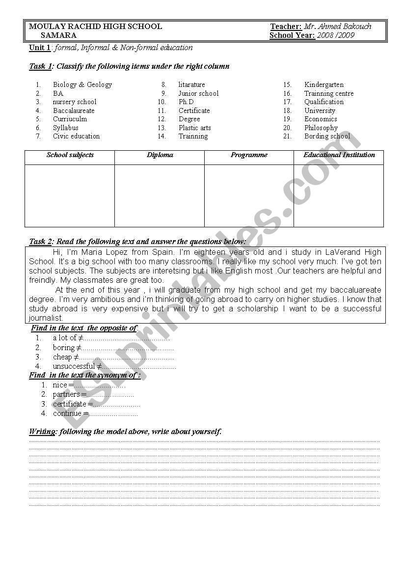 education words worksheet