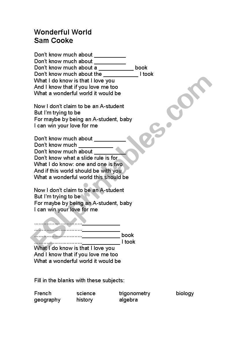 song WONDERFUL WORLD worksheet