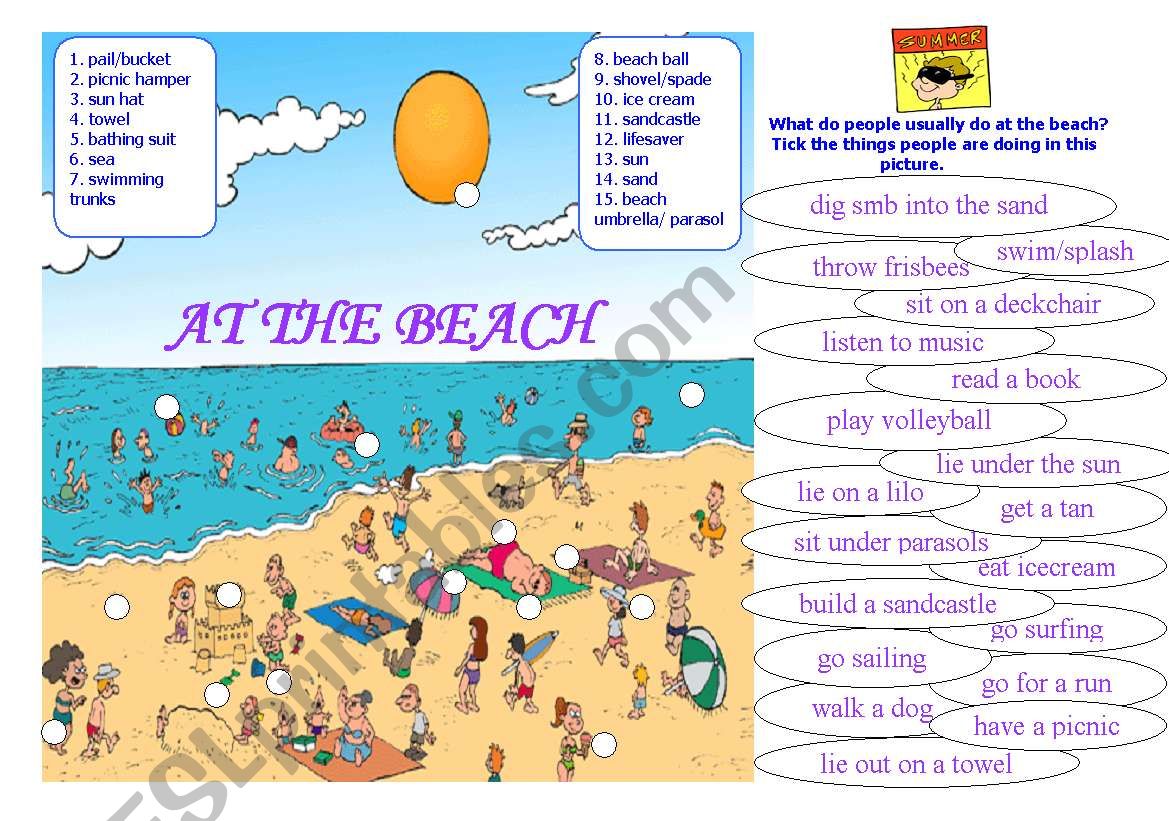 Match the beach. Английский задания на тему пляж. Описание картинки пляж. Английский задания Summer. On the Beach английский для детей.