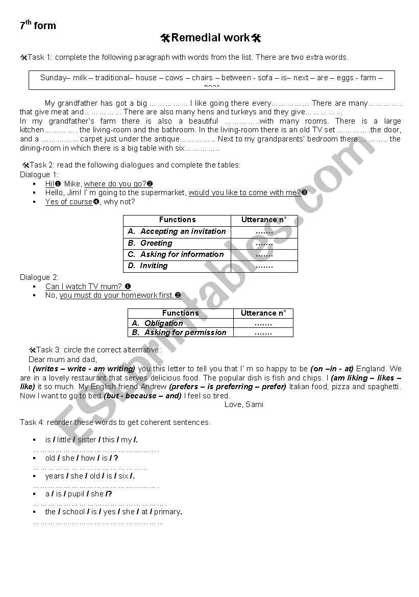 remedial work worksheet