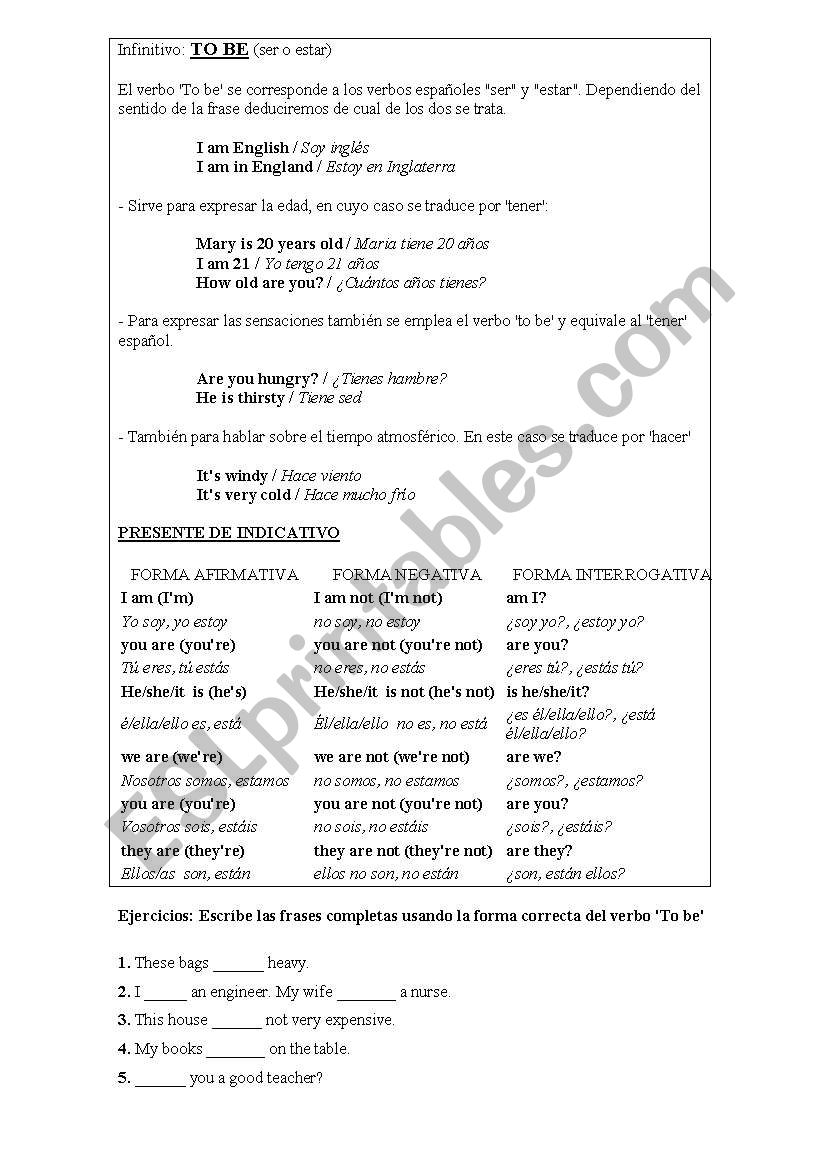 verb to be worksheet