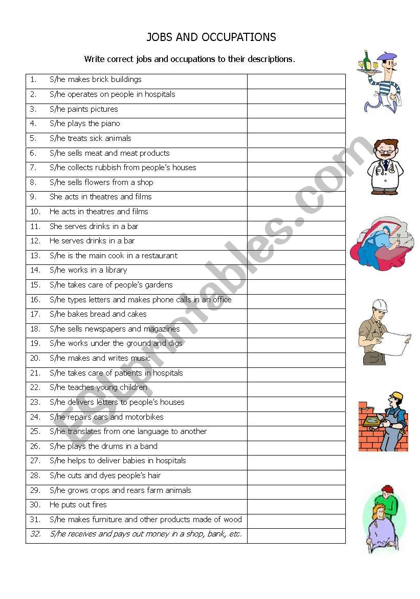 Jobs and occupations worksheet