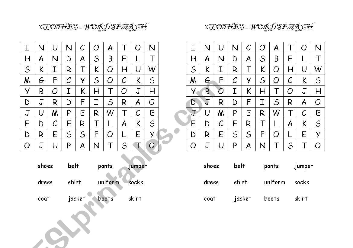 Clothes Wordsearch worksheet