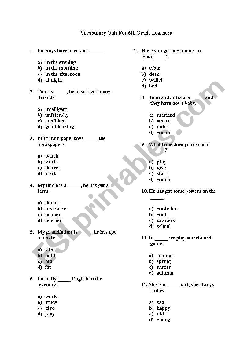 vocabulary quiz worksheet