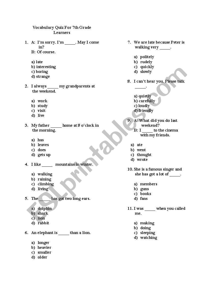 vocabulary quiz worksheet