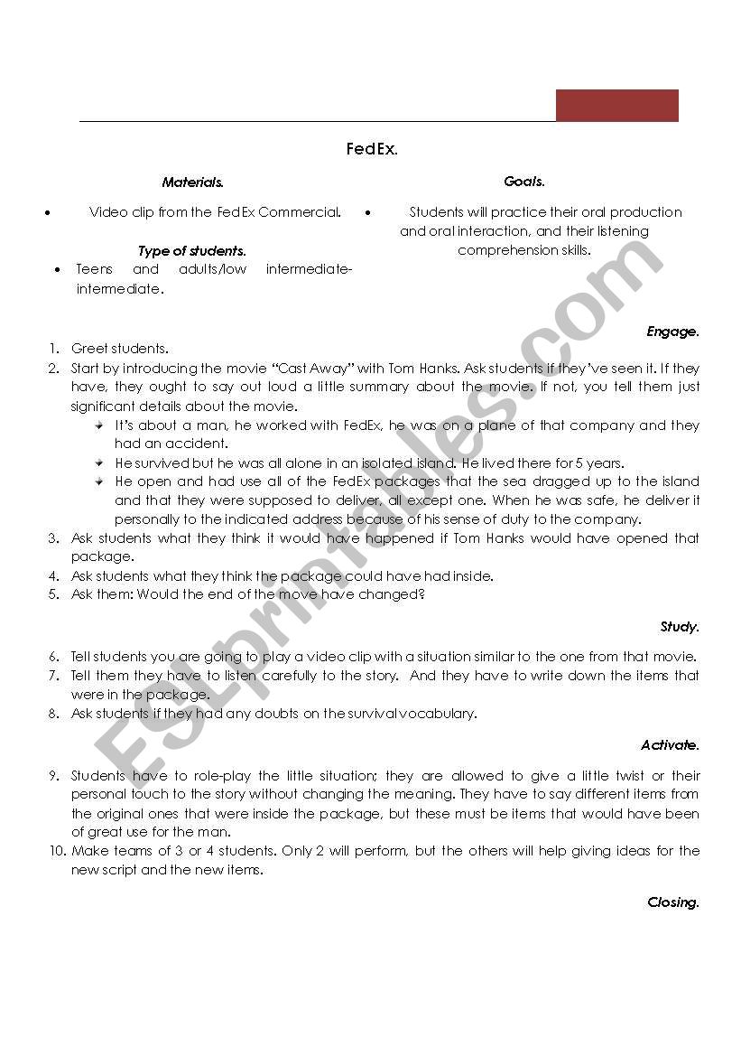 Fedex Commercial  worksheet