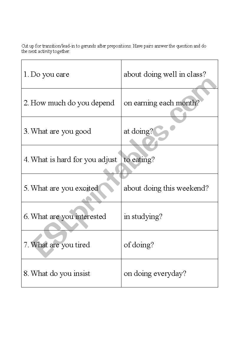 Gerund Pairing Activity worksheet