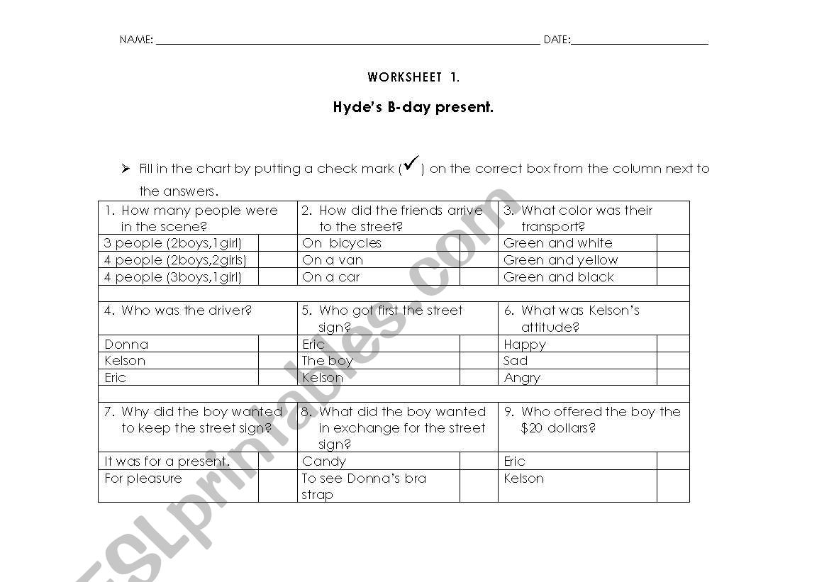 hydes bday present worksheet