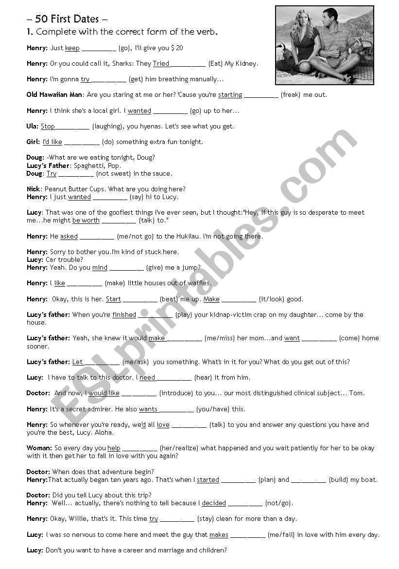 50 first dates worksheet