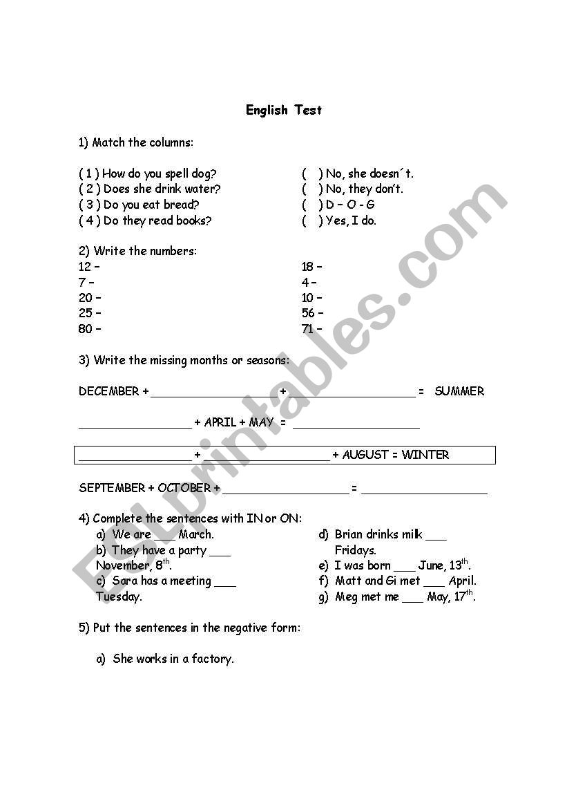 English Test - general worksheet
