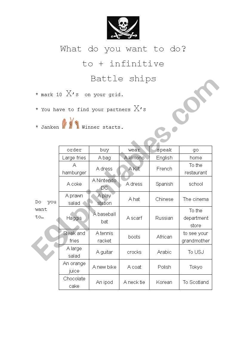 to + infinitive Battle Ships worksheet