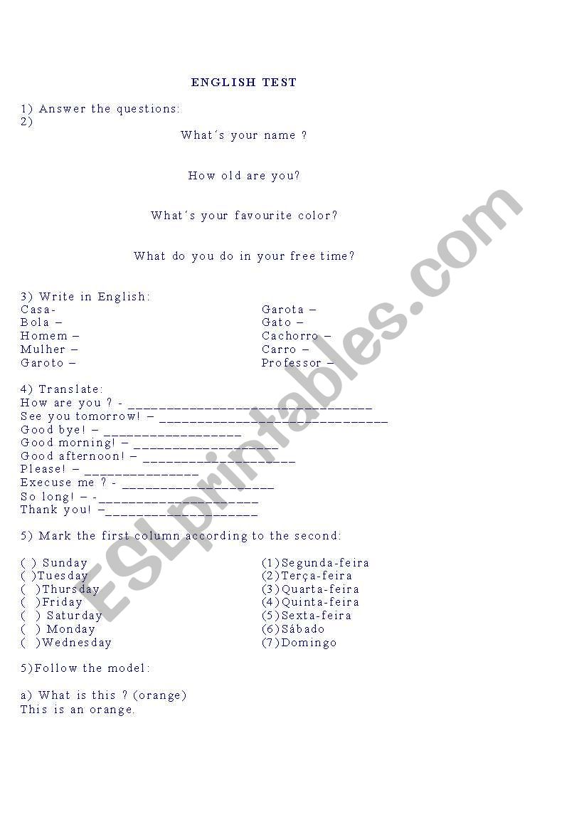 Elementary Test worksheet