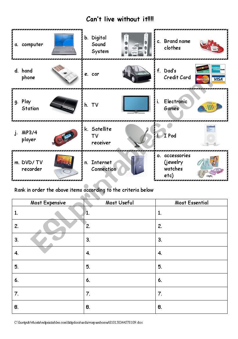 Cant live without it worksheet