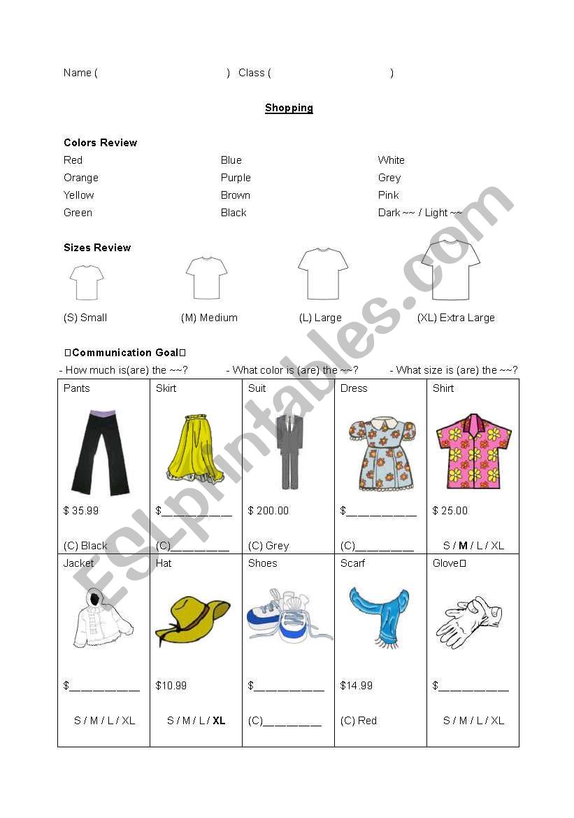 Shopping worksheet