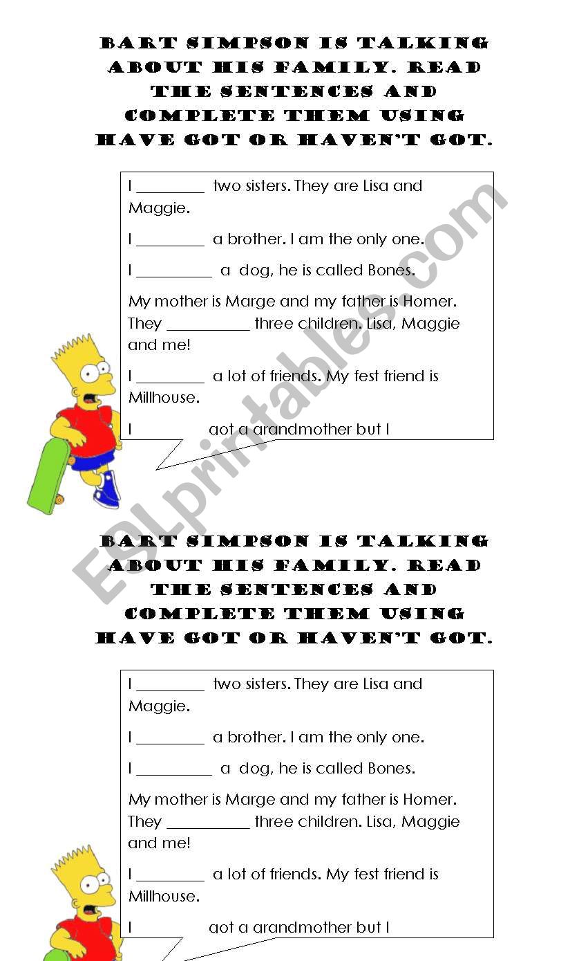 Bart Simpson worksheet