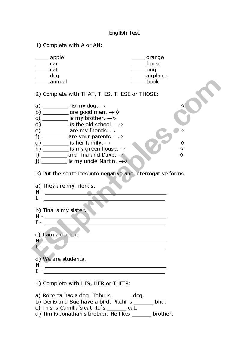 Elementary Test worksheet