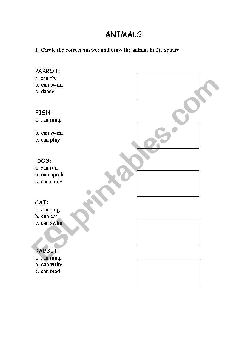  animals - using can worksheet