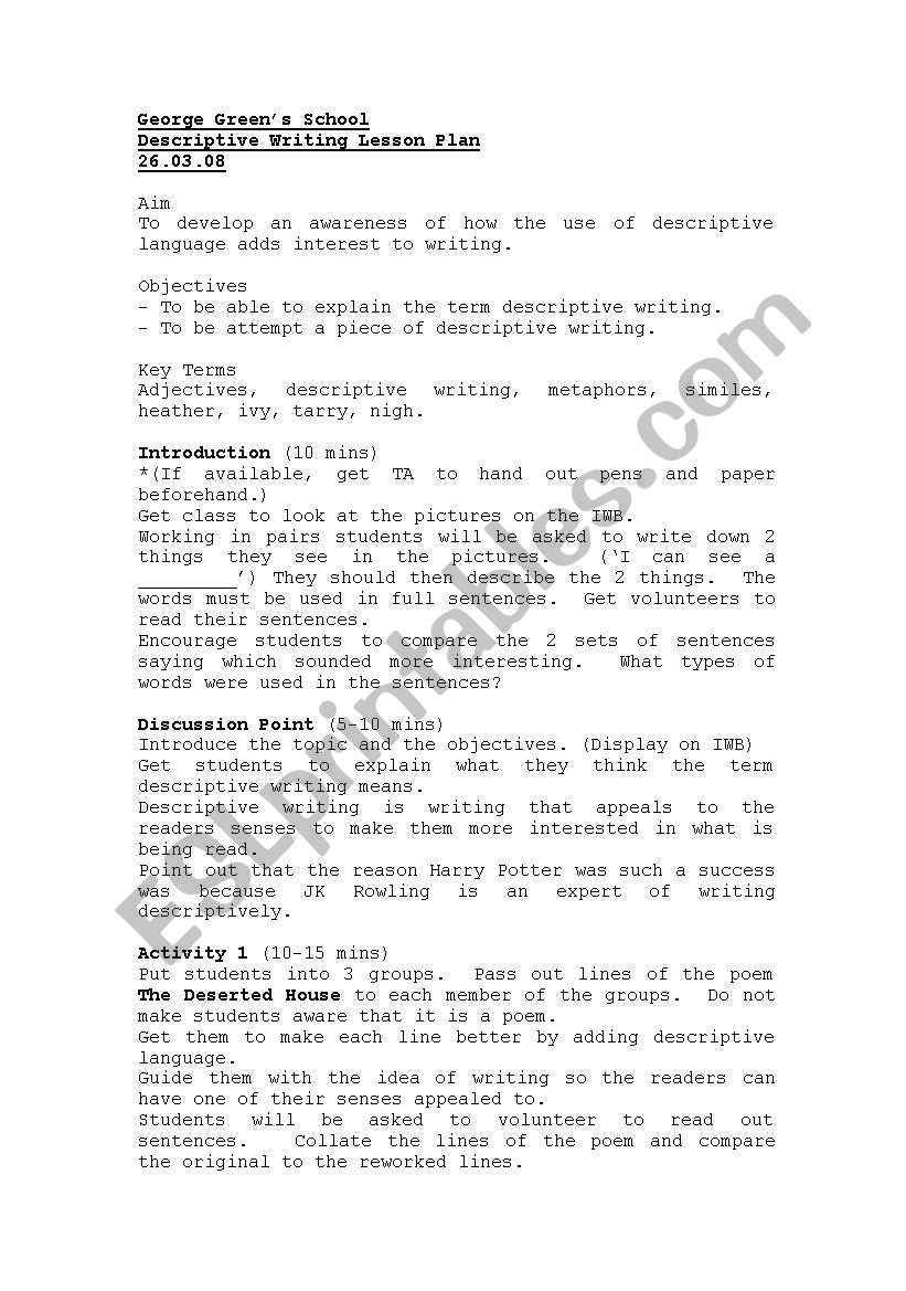 Descriptive writing lesson worksheet