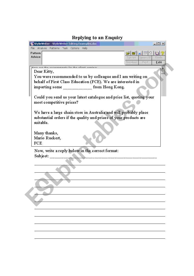 e-mail writing (enquiries) worksheet