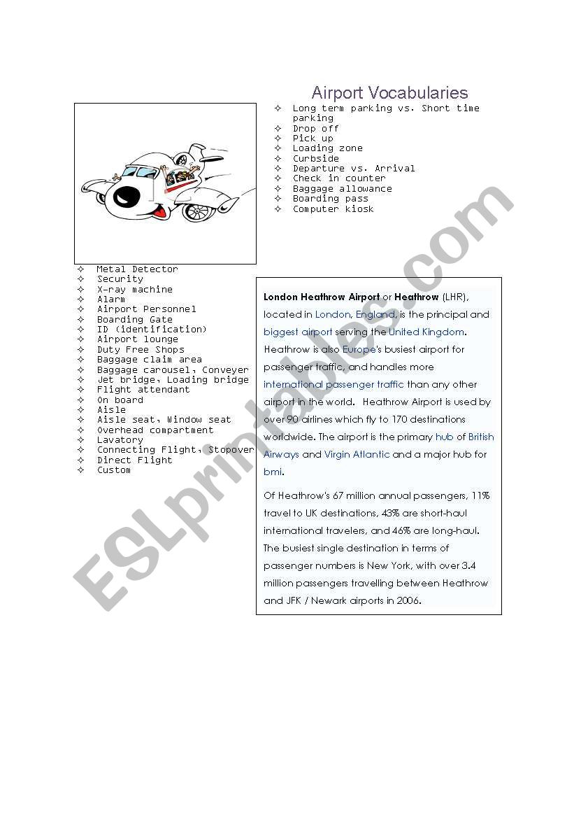 airport vocabulary list worksheet