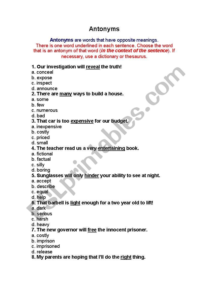 Antynoyms worksheet