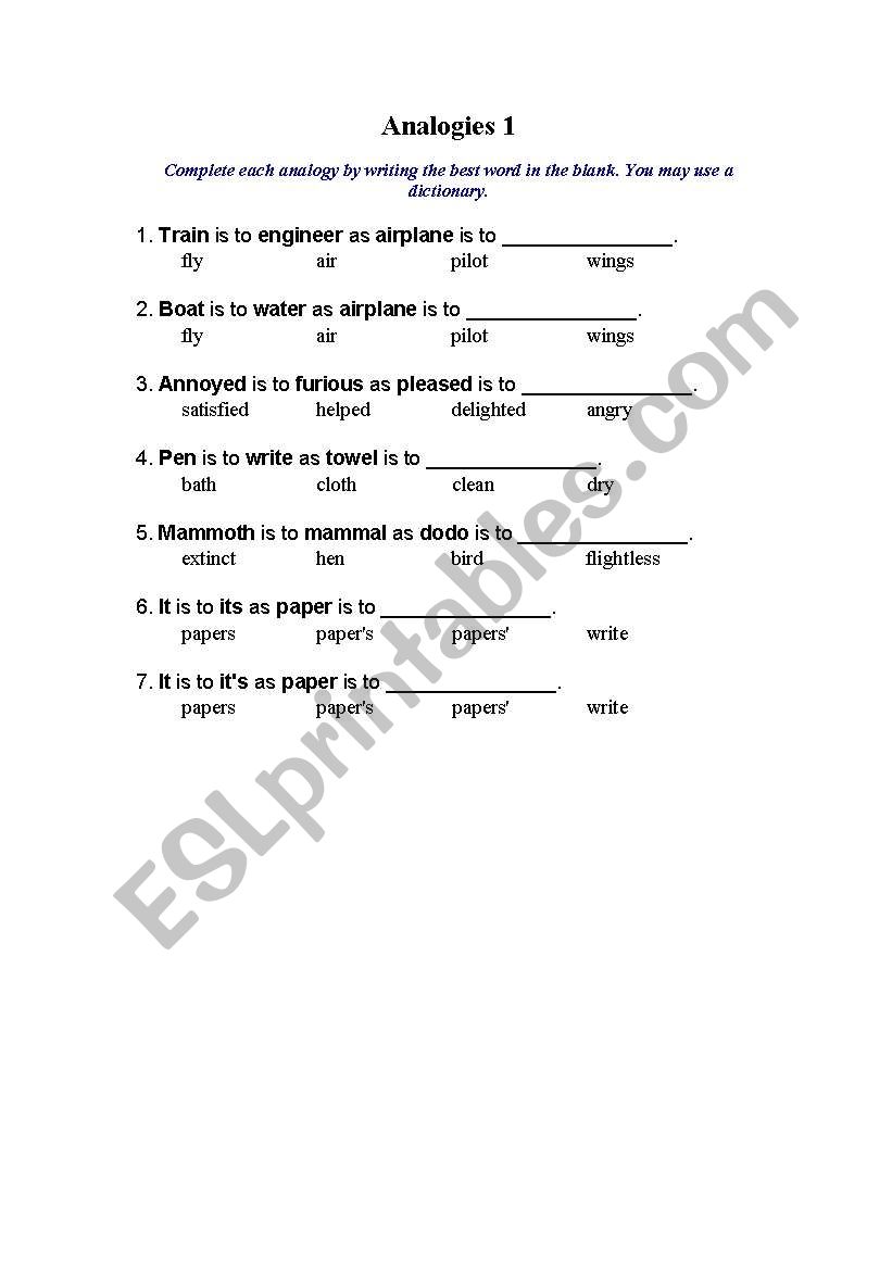 Analogies 1 worksheet