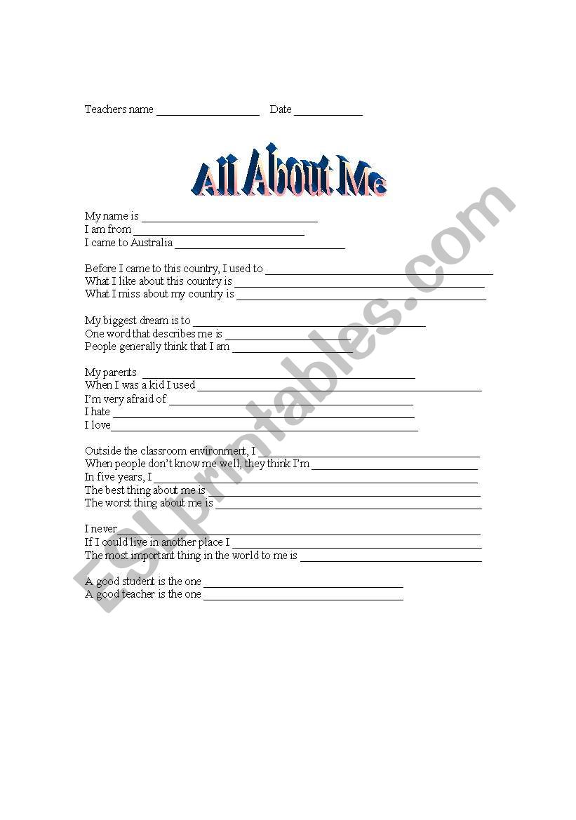 All About Me worksheet