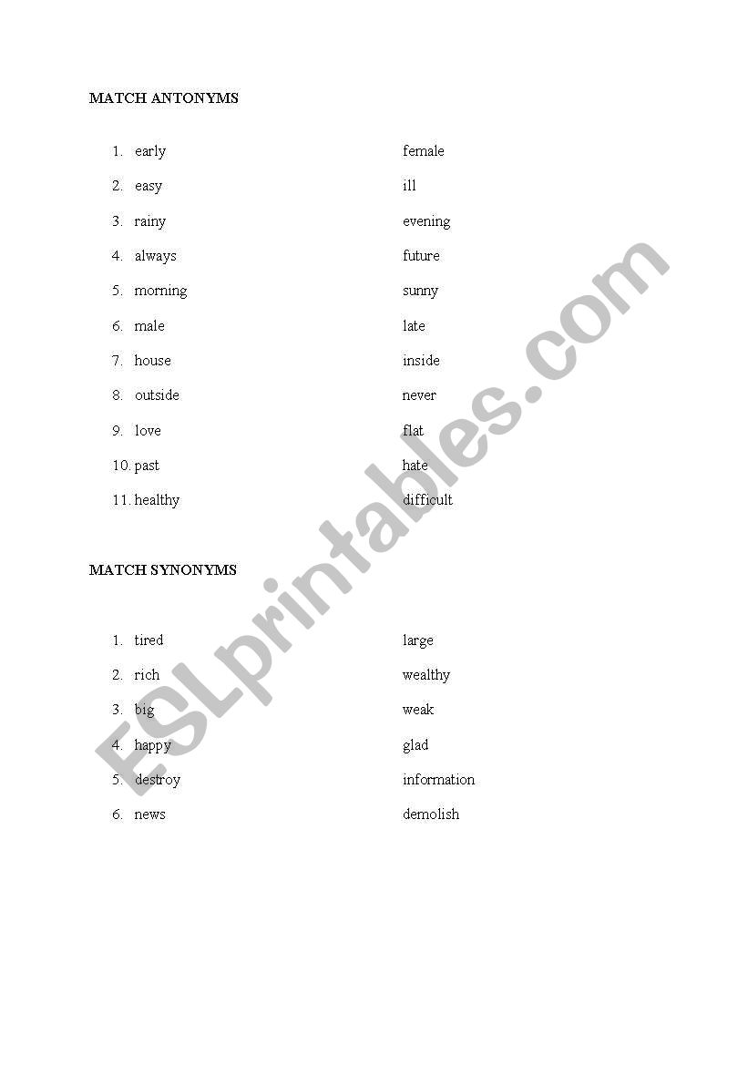 Antonyms and synonyms worksheet