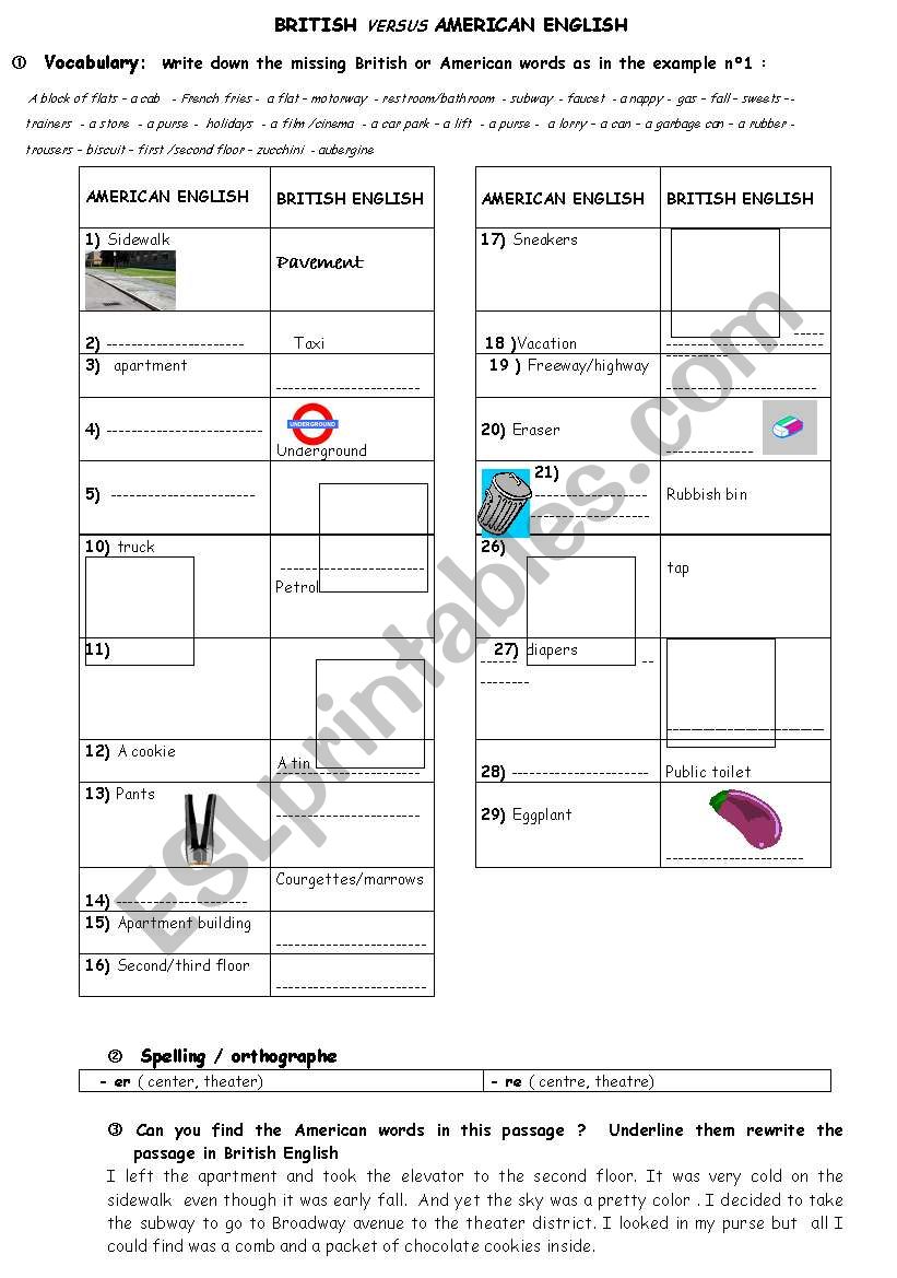 American/british worksheet