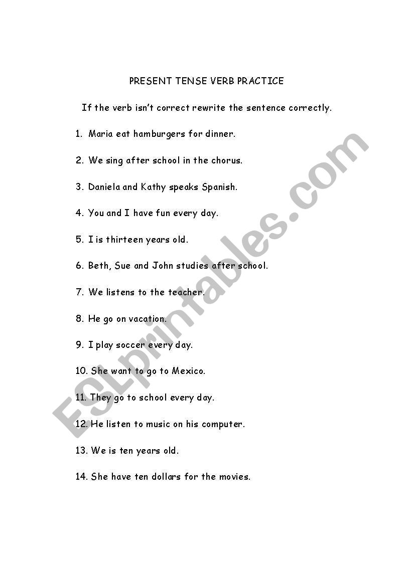 Worksheet for the Present Tense