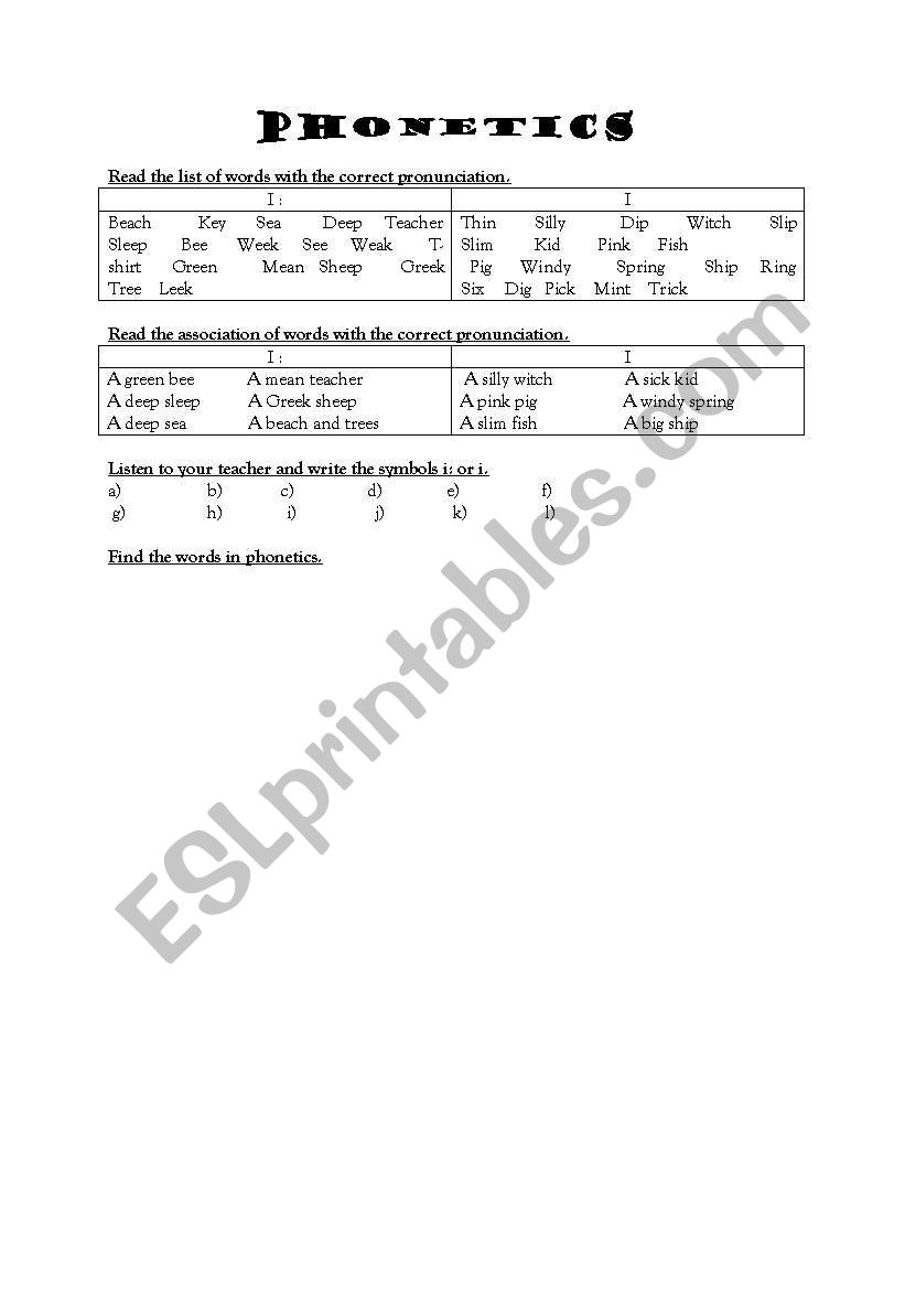 Phonetics i:  /  i worksheet