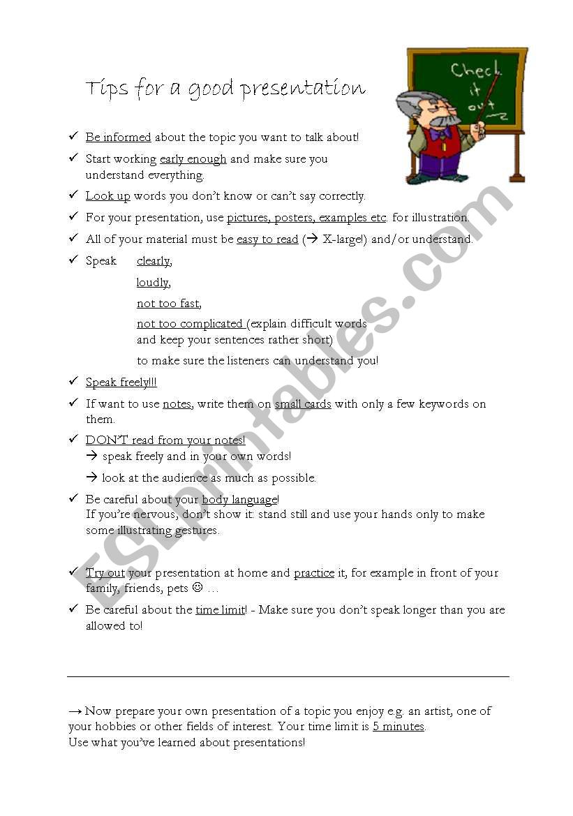 tips for a good presentation worksheet